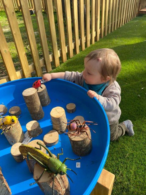 Toddler exploring a tuff tray with large insect models outdoors